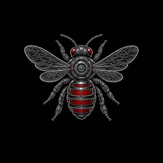 A metallic honeybee with silver wings and deep crimson details